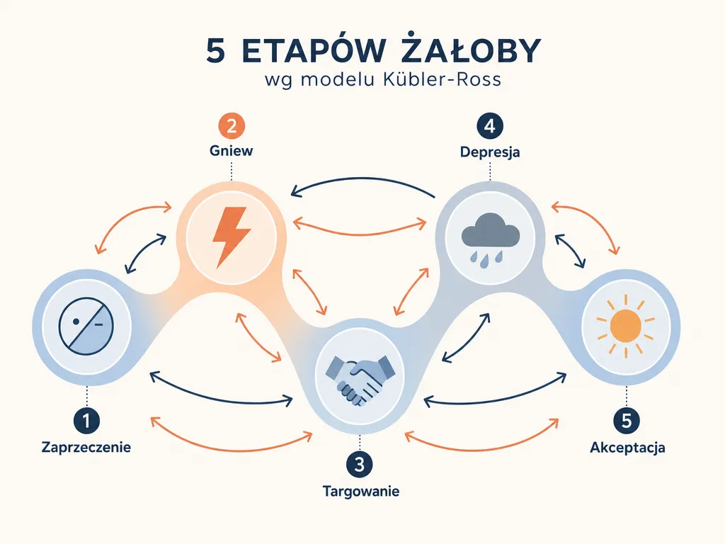 Diagram pięciu etapów żałoby według modelu Kübler-Ross przedstawionych jako nieliniowa, przeplatająca się ścieżka